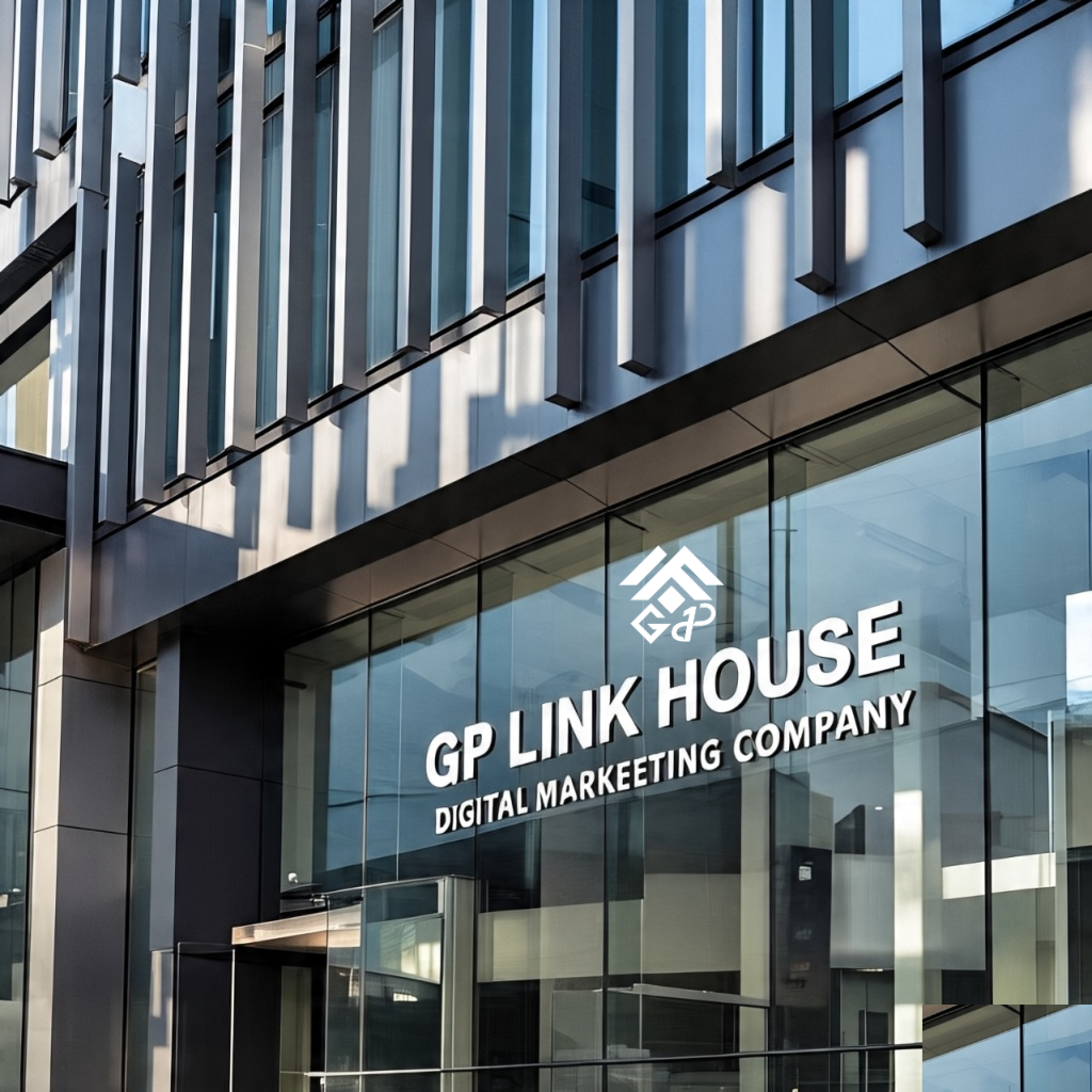 A close-up shot of the GP Link House office building showing the digital marketing agency sign on the glass windows.
