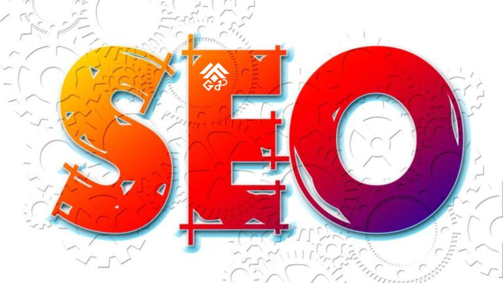 A bold 3D "SEO" typography design with a vibrant orange and purple gradient, set against a background of technical mechanical gears.