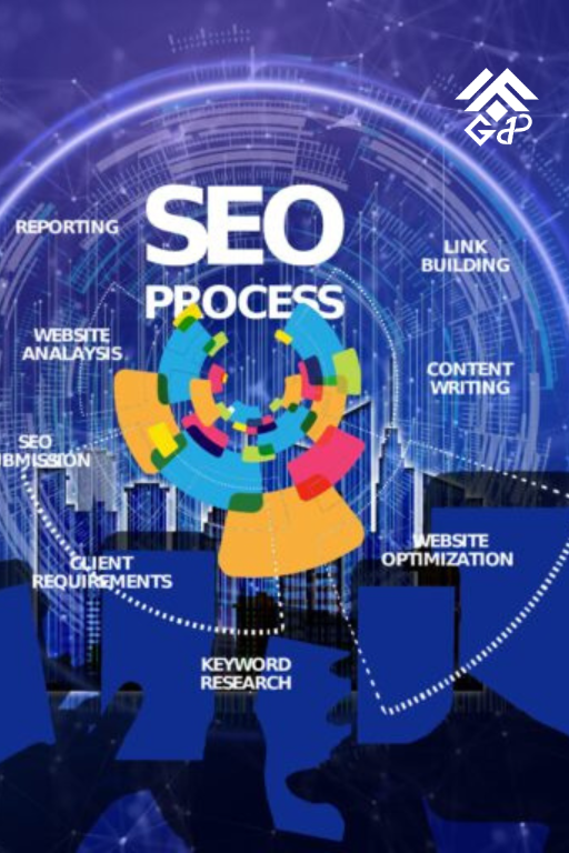 A professional vertical infographic detailing the complete SEO process, including link building, keyword research, and website optimization over a blue digital cityscape.