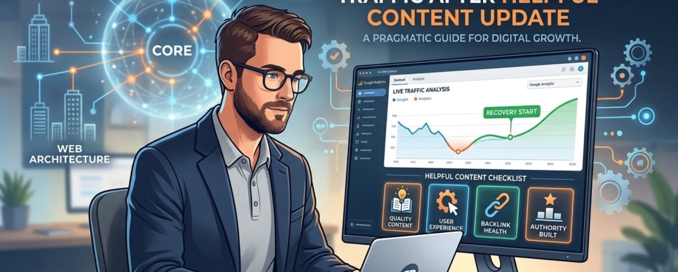 A vertical infographic illustrating a four-step recovery process from a Google helpful content update, using icons and a blue-orange technical design.