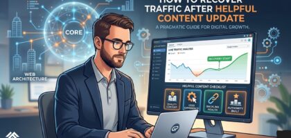 A vertical infographic illustrating a four-step recovery process from a Google helpful content update, using icons and a blue-orange technical design.