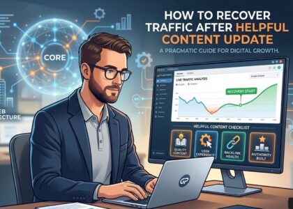 A vertical infographic illustrating a four-step recovery process from a Google helpful content update, using icons and a blue-orange technical design.